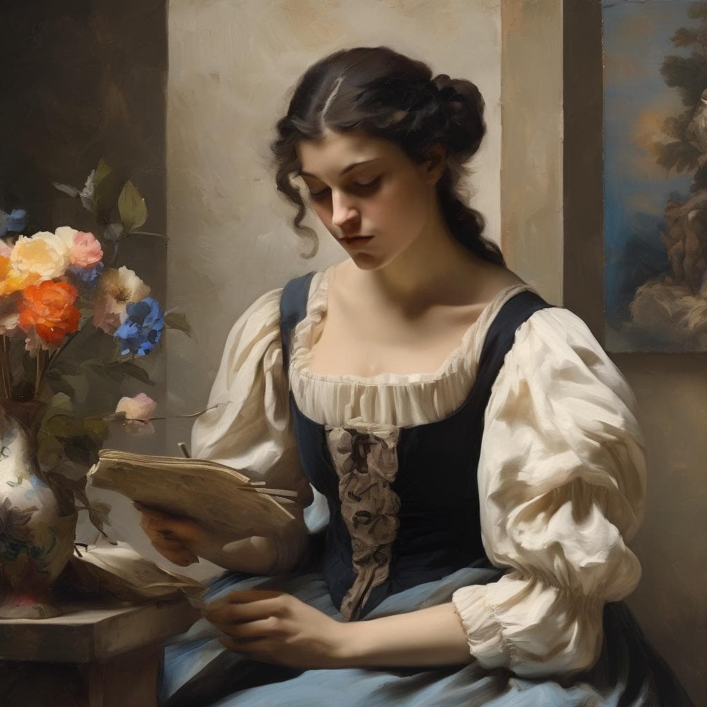 Νεαρή γυναίκα καλλιτέχνιδα διαβάζει βιβλίο σε ακαδημαϊκό περιβάλλον με έργα τέχνης και λουλούδια.