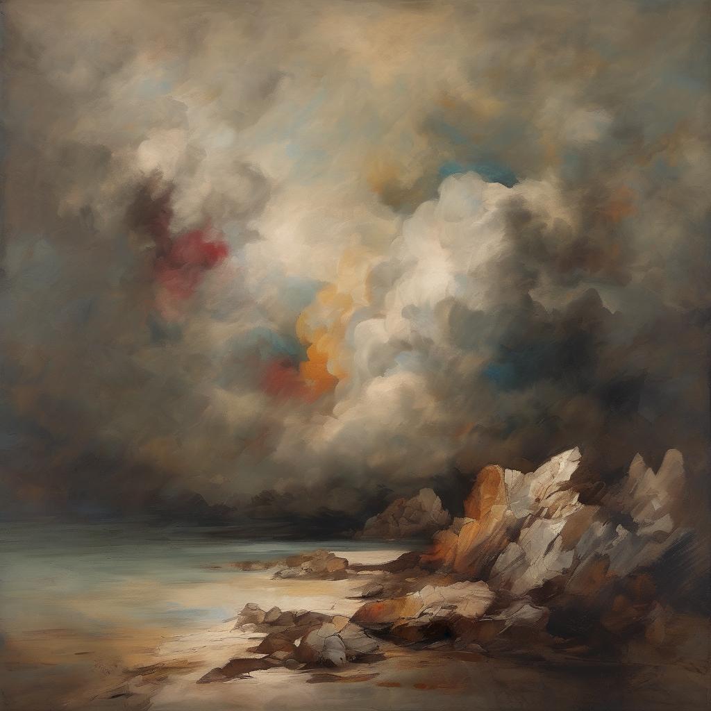 Ομιχλώδης παραλία με βράχια και δραματικό ουρανό, έμπνευση από γυναίκες καλλιτέχνες και τις ιστορίες τους.