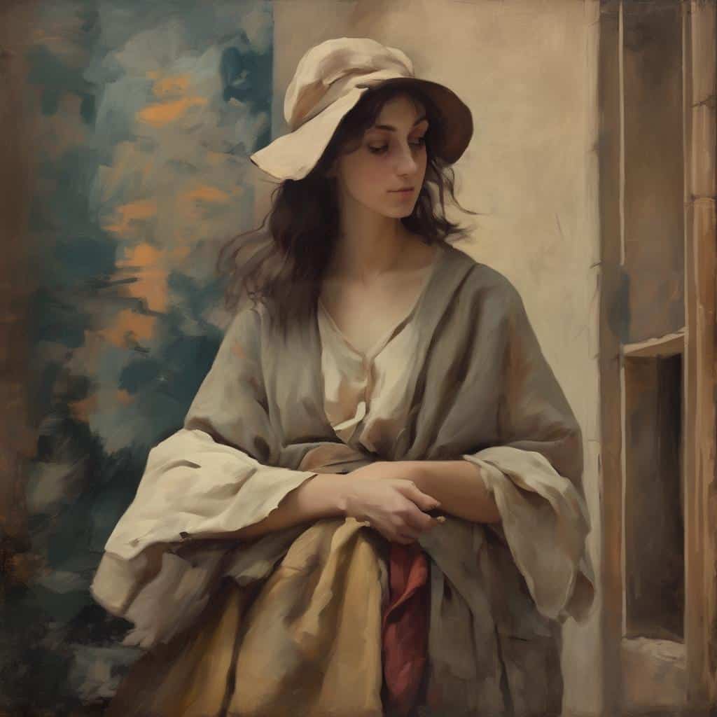 Γυναίκα με αέρινο καπέλο και vintage ρούχα, σε ιστορική και καλλιτεχνική ατμόσφαιρα.