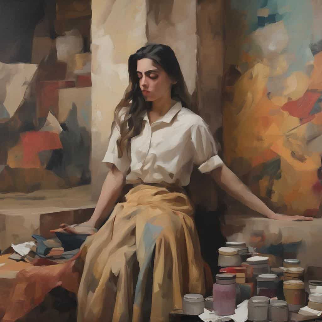 Παρουσιάζεται γυναίκα καλλιτέχνης σε στούντιο, περιτριγυρισμένη με χρώματα και καλλικά.