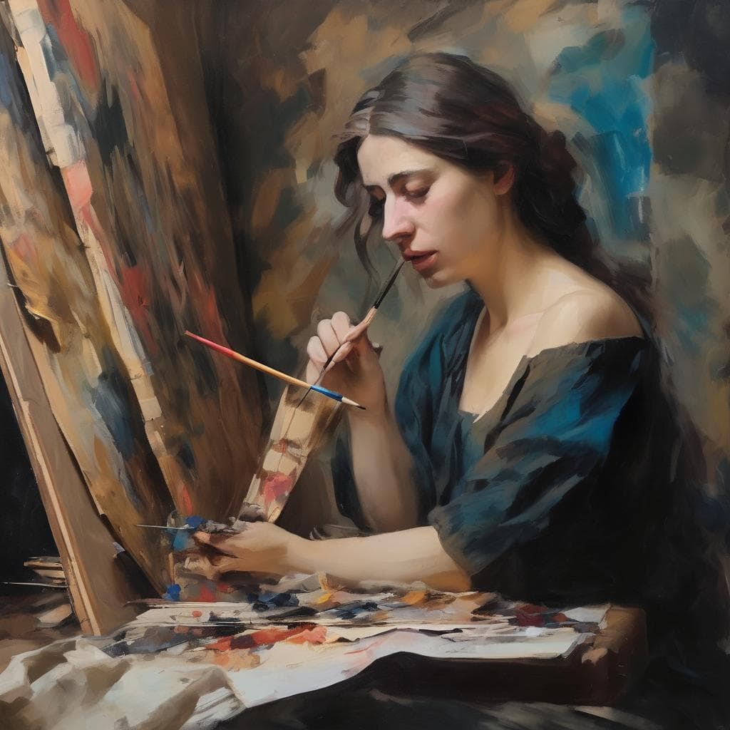 Ζ woman artist painting with palette and brush, exploring creative expression on canvas.